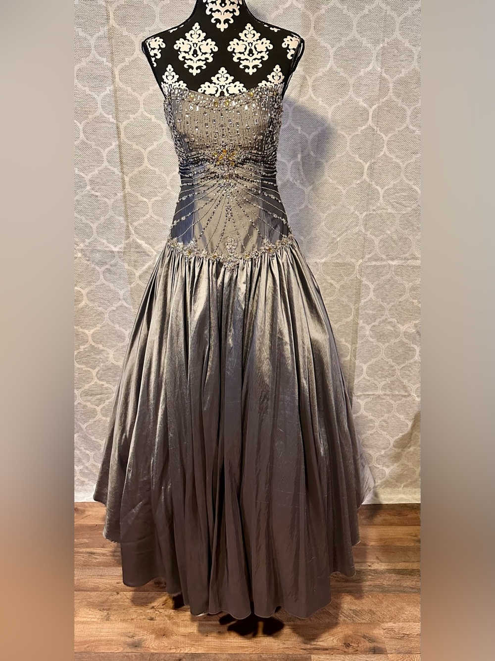 Vintage Y2K Night Moves by Allure Silver/Gun Metal Beaded Strapless Ball Gown 10